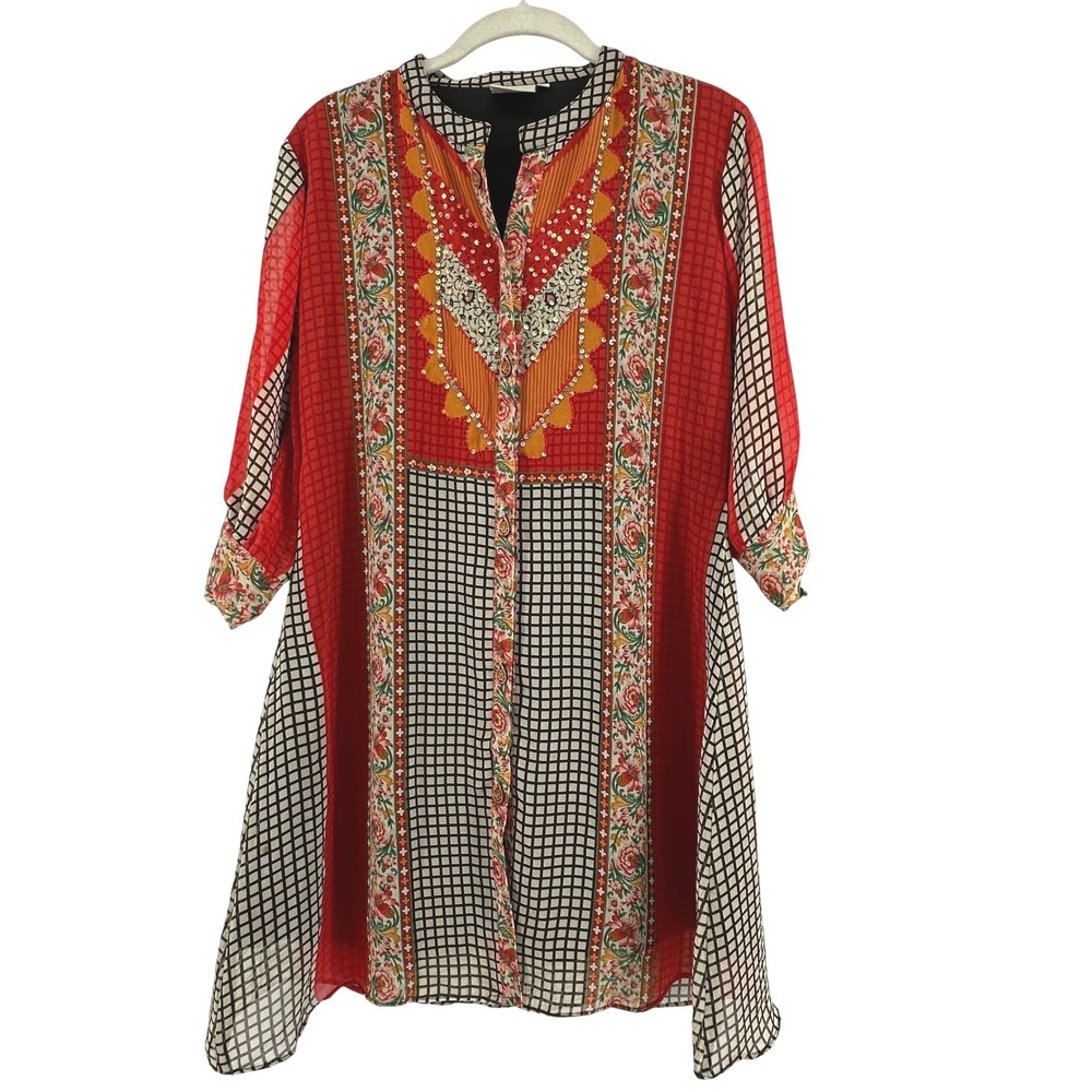Zola Mixed Print Embellished Tunic Top Dress Womens L Red Multi Boho Festival
